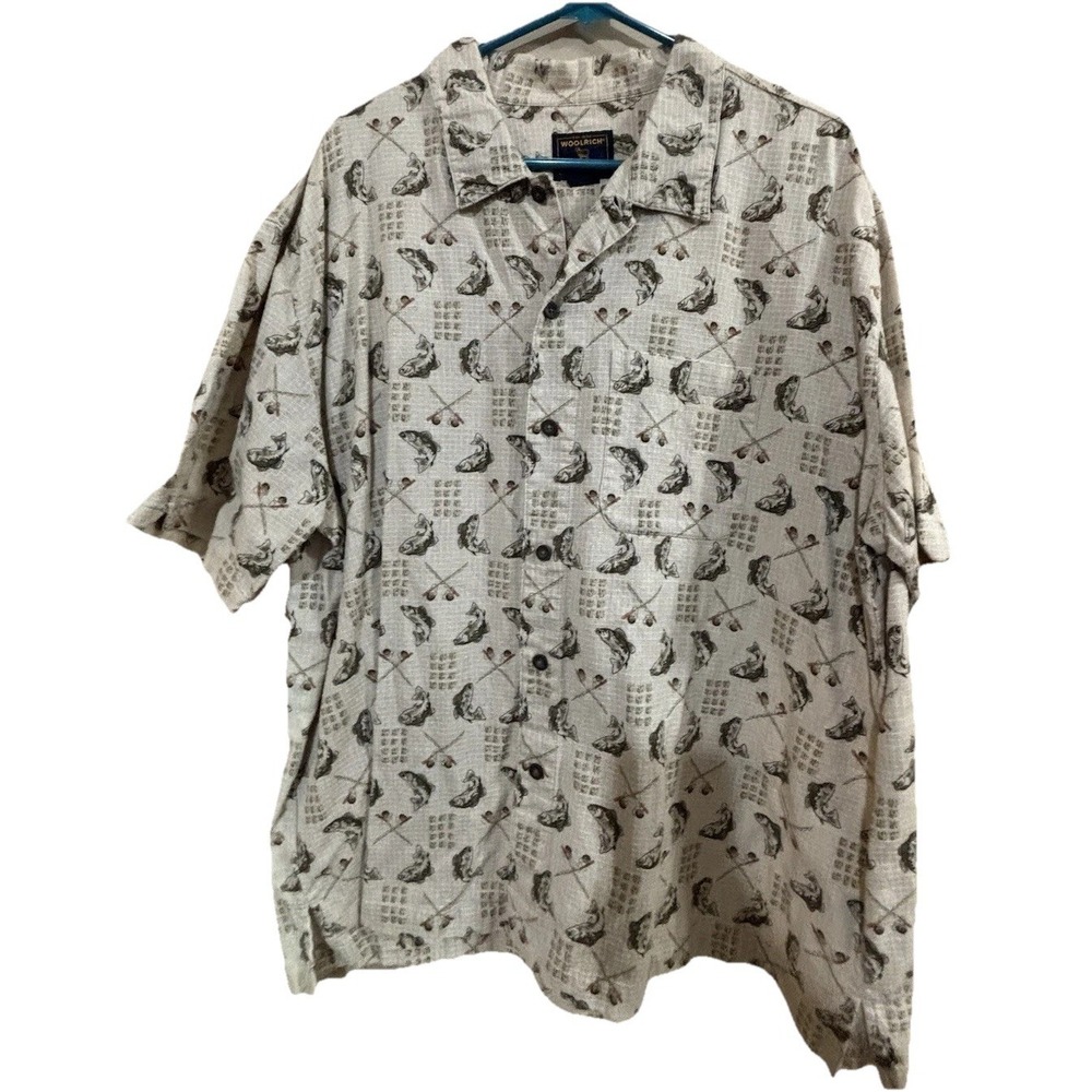 Vintage Woolrich Button Up Shirt Mens XL Fishing Print Short‎ Sleeve Outdoor